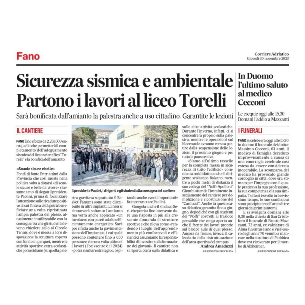 Partono i lavori al Liceo Torelli, Fano